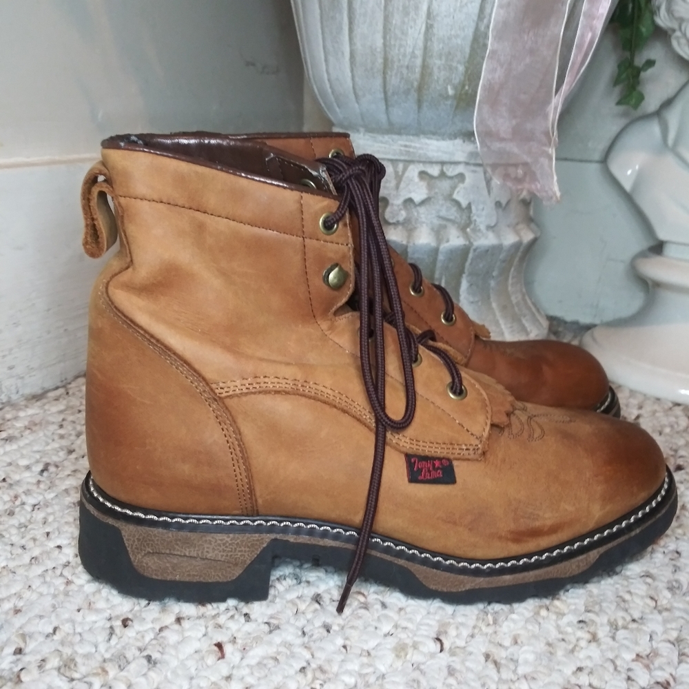 Tony Lama Youth Brown Boho Western, Prairie Style Leather Lace-Up Kiltie Boots